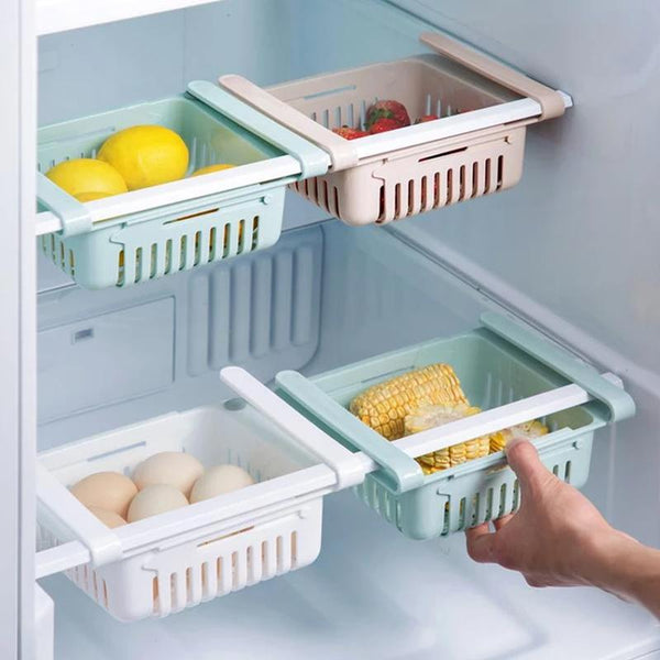 Adjustable Fridge Organizer Drawer – Sliding Storage Basket for Refrigerator Shelves & Kitchen Cabinets