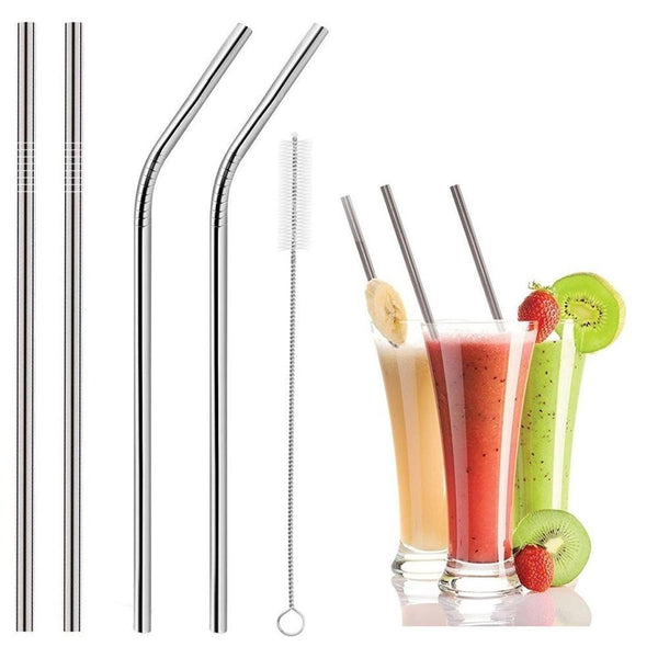 Stainless Steel Straw Set – 2 Bent, 2 Straight with Cleaning Brush (Set of 5)