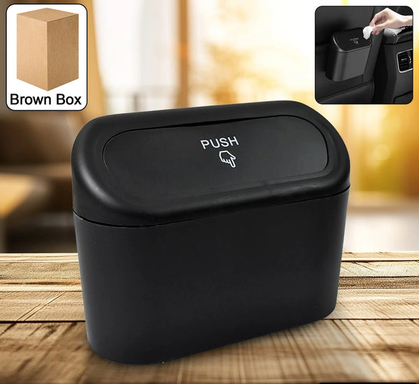 Plastic Mini Car Trash Can with Lid | Waterproof, Leak-Proof Hanging Garbage Bin for Car, Home & Office (1 Pc with Brown Box)
